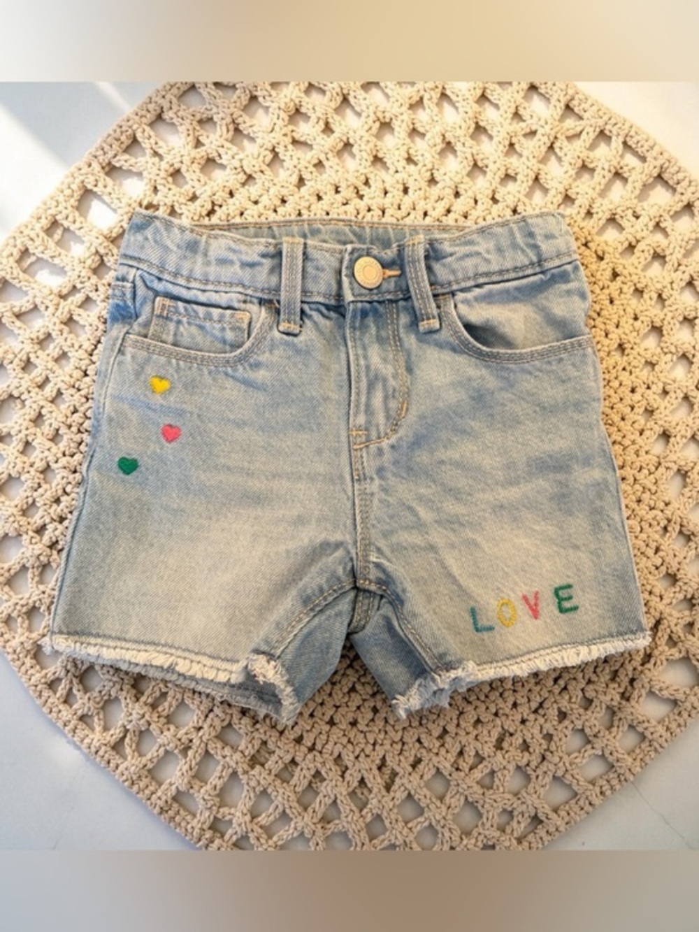 Old Navy Light Blue Denim Shorts with Colorful Heart & LOVE Embroidery 4T